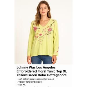 Johnny Was Los Angeles XL Embroidered Floral Tunic Top Yellow Green Cotton Boho
